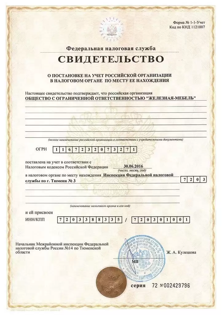 Свидетельство о постановке на учет в налоговом органе - ООО